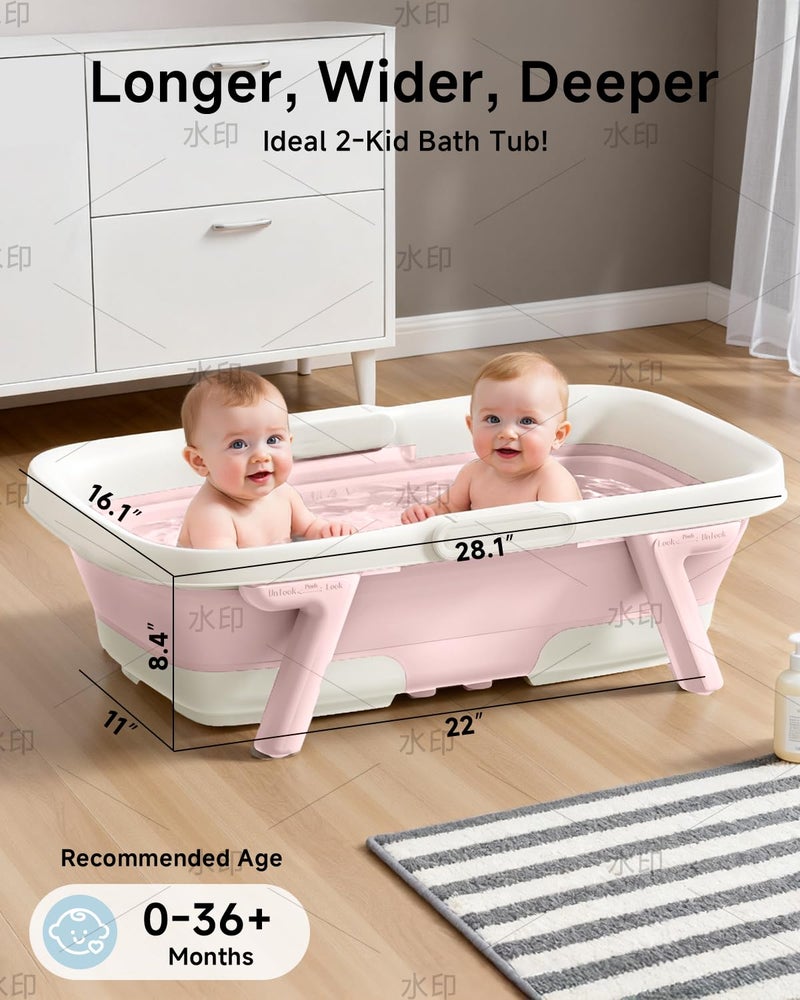 EverKiddo Collapsible Baby Bathtub, Laege Infant Bath Tub with Thermometer & Cute Soft Cushion for Newborn to 36-Month Toddlers, Storage and Non-Slip Feet Design, Baby Bath Gift (Pink) - Image 3
